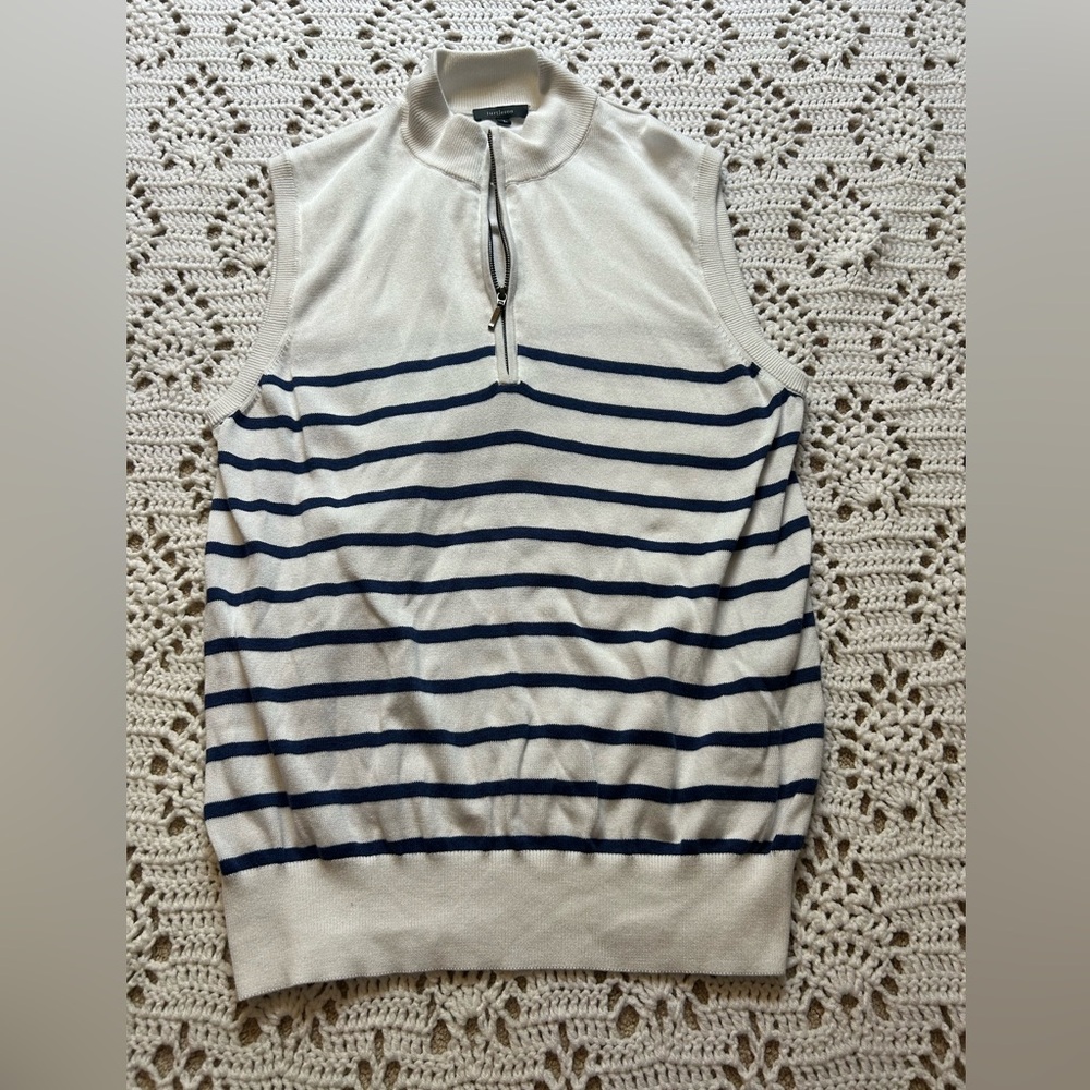 Men’s Turtleson Knit Sweater Vest Size L White Navy Stripe 3/4 Zip Golf